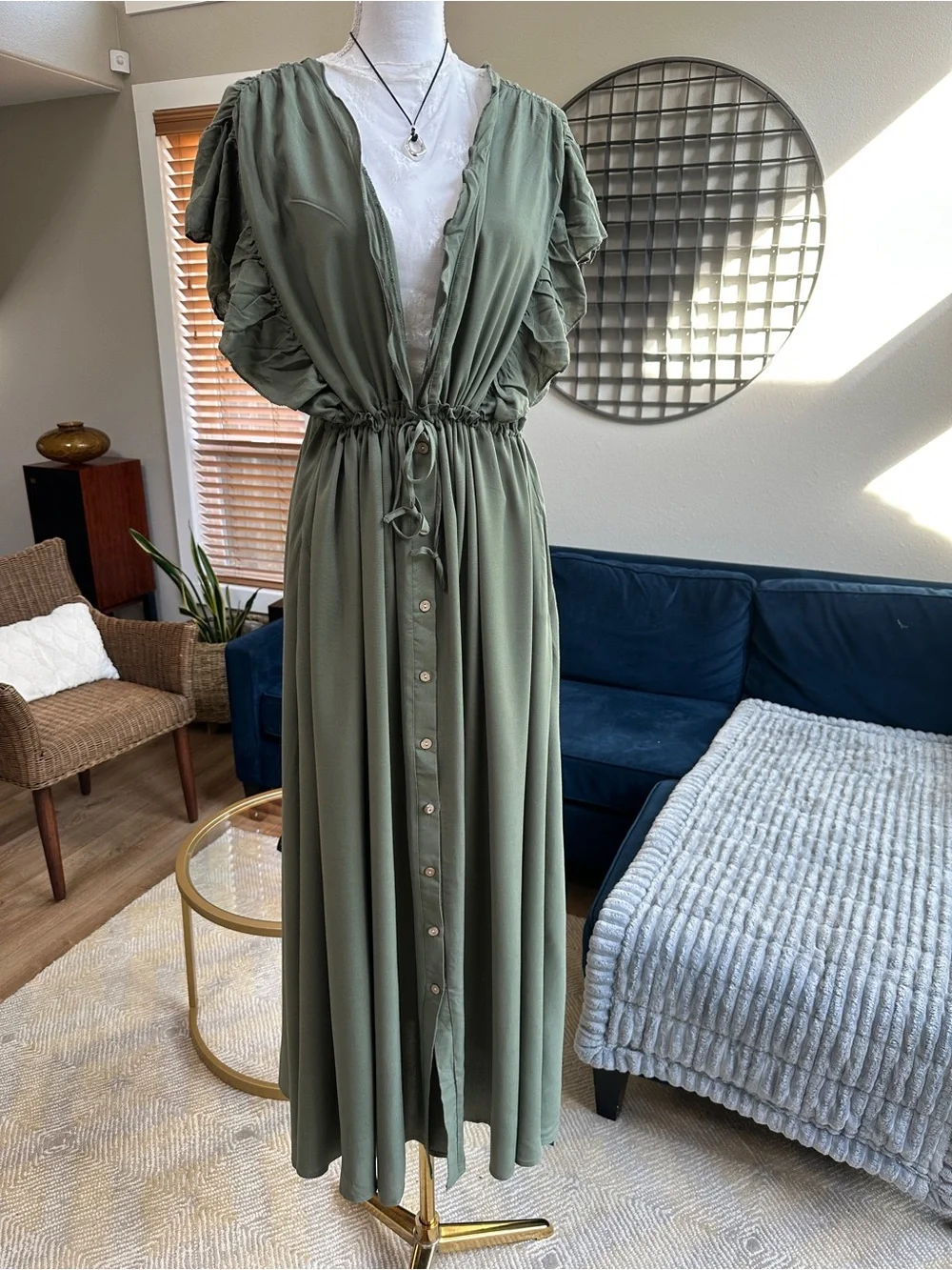 Beach boho long column maxi dress with tie waist and ruffle cap sleeves